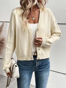 SHEIN LUNE Thả vai Nút phía trước Áo len Mở - Màu be - Xem 1