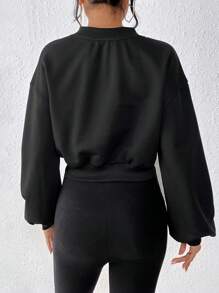 SHEIN Essnce Letter Embroidery Drop Shoulder Crop Sweatshirt - Black - View 2
