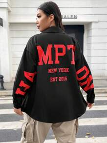 Flirla 大碼字母圖案落肩袖襯衫 - 黑色 - 查看 4