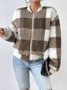 SHEIN Frenchy Họa tiết kẻ sọc trâu Thả vai Teddy Áo khoác bomber - Nhiều màu - Xem 6