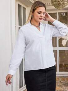 RueChic Plus Solid V Neck Blouse - White - View 4