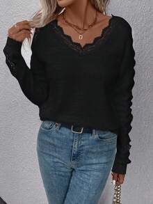 SHEIN Frenchy Đồ trang trí Lace hoa văn Cắt ra Tay Raglan Áo len - màu đen - Xem 4