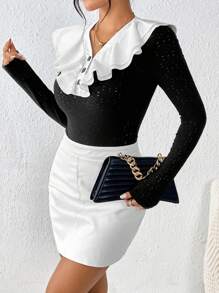 SHEIN Privé Body De Manga Larga Para Mujer Con Cuello Grande Y Color De Contraste