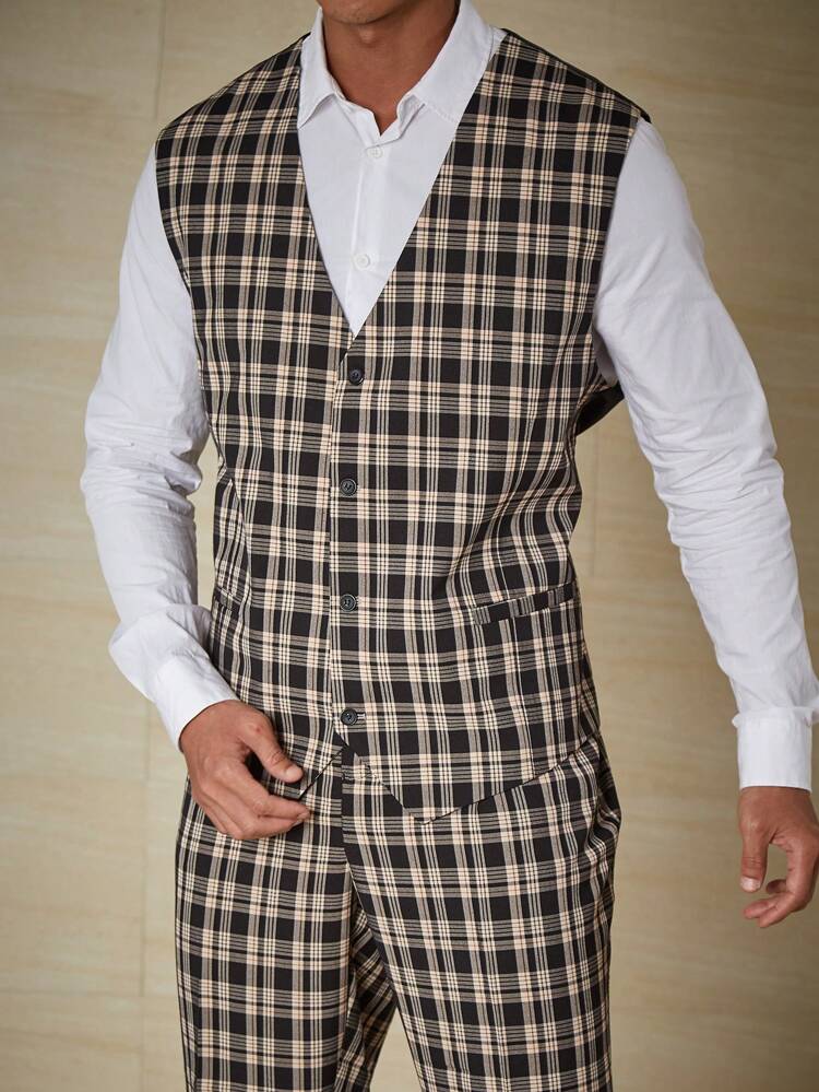 Men Plus Plaid Print Waistcoat Without Shirt