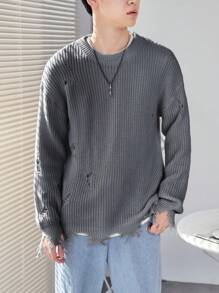 Manfinity EMRG Hombres Jersey de hombros caídos desgarro - Gris Claro - Ver 1