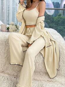 撞色滾邊吊帶上衣和褲子&長袍家居套裝 - 米色 - 查看 3