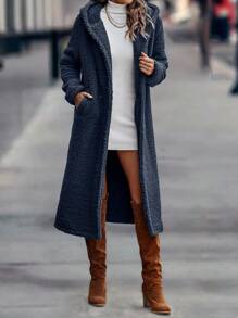 SHEIN LUNE Chất rắn Nút đơn áo có mũ Áo khoác Teddy - Màu xanh hải quân - Xem 1