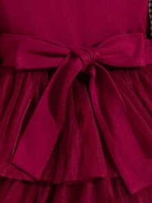 SHEIN 女小童泡泡袖多層荷葉邊繫腰帶洋裝 - 酒紅色 - 查看 3