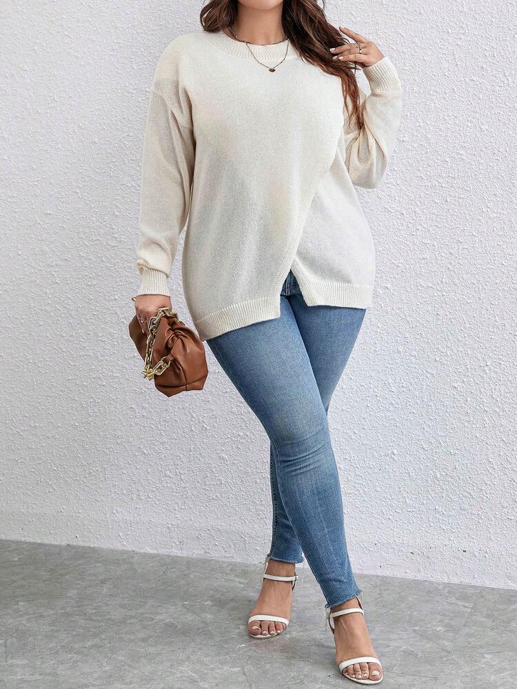 Plus Wrap Hem Drop Shoulder Sweater Knit Pullover Fall Winter Sweater