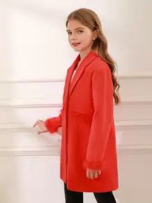 SHEIN Tween Girl Fuzzy Trim Double Button Overcoat for Christmas - Red - View 6