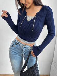 SHEIN Unity 缺角领二合一短款针织套头衫秋冬毛衣 - 藏蓝色 - 查看 3