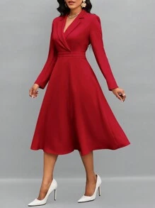 SHEIN Lady 女士纯色立领长袖优雅办公室通勤连衣裙，春/秋 - 紅色 - 查看 5