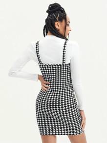 SHEIN EZwear Ribbed Knit Tee & Houndstooth Cami Dress - Black and White - View 2