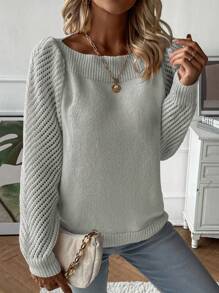 SHEIN Essnce Solid Boat Neck Puff Sleeve Sweater - Grey - View 1