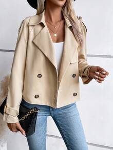 SHEIN Clasi Epaulettes Design Double Breasted Trench Coat - Khaki - View 5