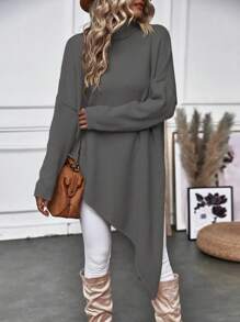 SHEIN Clasi Áo len cổ lọ, vai rớt, vạt không đối xứng, chất liệu dệt kim, thích hợp cho mùa thu đông. - Màu xám đen - Xem 1