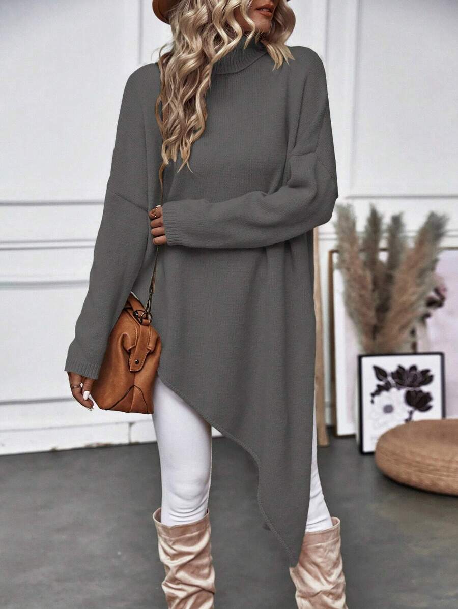 SHEIN Clasi Áo len cổ lọ, vai rớt, vạt không đối xứng, chất liệu dệt kim, thích hợp cho mùa thu đông. - Màu xám đen - Xem 1