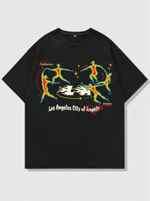 ROMWE MEN Street Life Men Letter & Figure Graphic Tee - Black - View 1