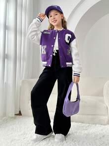 SHEIN Tween Girl Letter Patched Detail Striped Trim Drop Shoulder Varsity Jacket - Multicolor - View 6