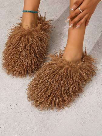 Plus Size Fluffy Slippers For Women, Spring Faux Fur Lined Indoor Home Quiet Warm Slippers, Fashion Slip-On Outdoor Wear