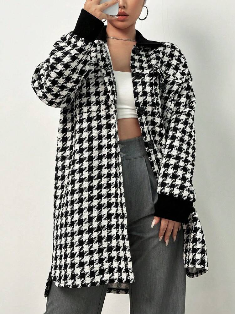 Houndstooth Print Drop Shoulder Tweed Overcoat Fall Cloth For Women