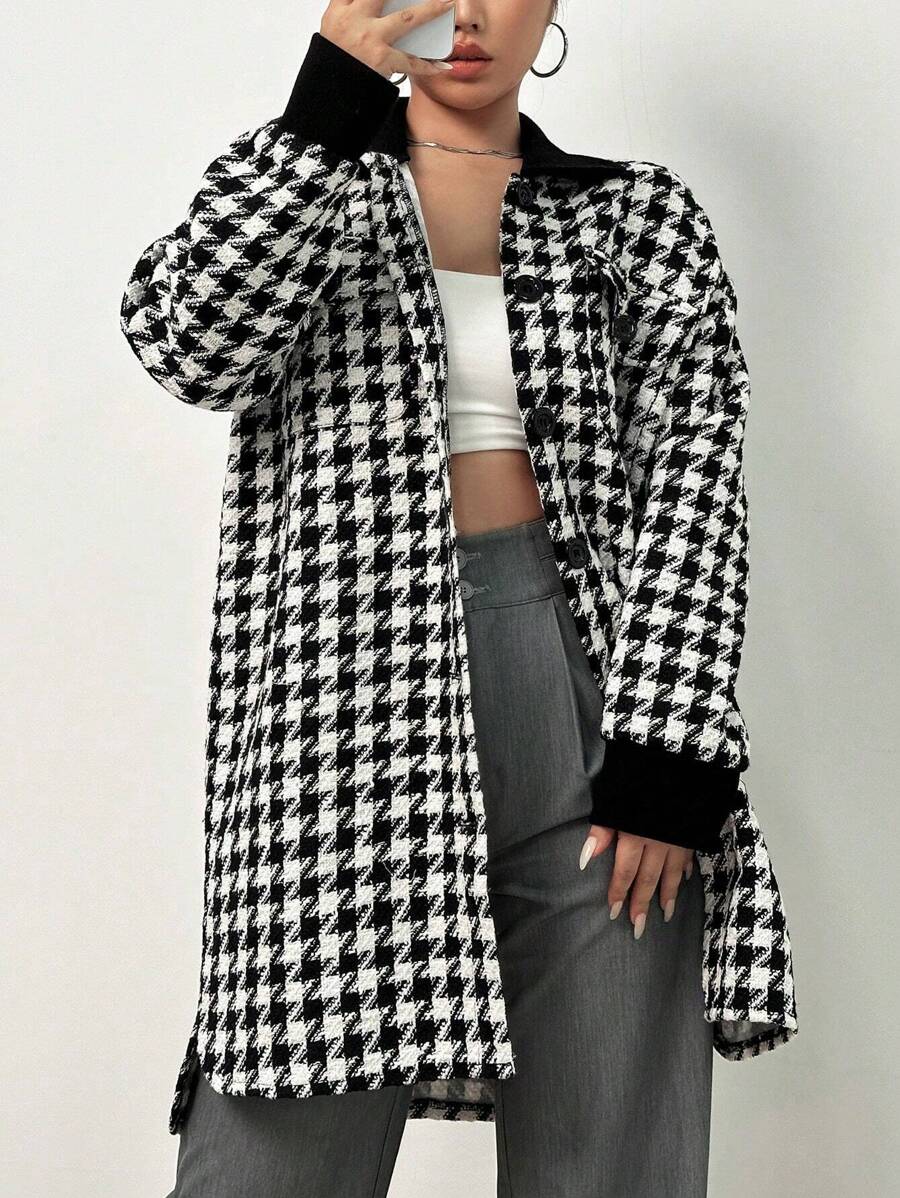 Flirla Áo khoác vải tuýt trễ vai họa tiết Houndstooth - Nhiều màu - Xem 1