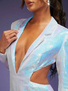 SHEIN Unity Lapel Cut Out Open Back Sequin Romper - Blue and White - View 3