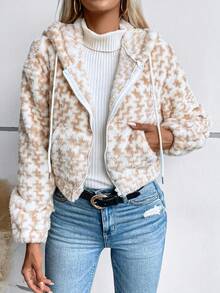 SHEIN LUNE 滿版印花落肩袖抽繩連帽搖粒絨夾克 - 彩色 - 查看 5