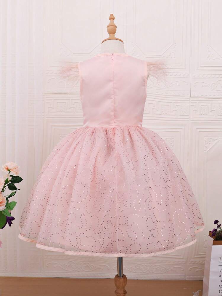 Tween Girl Fuzzy Cuff Mesh Overlay Party Dress for Christmas