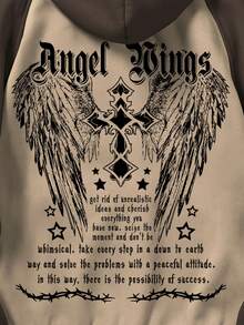 ROMWE MEN Street Life 男士翅膀&標語圖案插肩袖抽繩加絨內裏連帽衫 - 彩色 - 查看 4