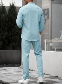 Manfinity 男士純色系扣襯衫和抽繩褲 - 藍色 - 查看 2