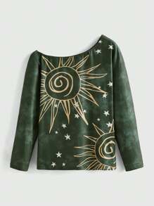 ROMWE Hippie 太陽&星星印花紮染不對稱領T恤 - 軍綠色 - 查看 1