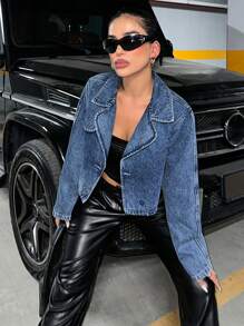 EURMUSE Lapel Neck Crop Denim Jacket - Medium Wash - View 6