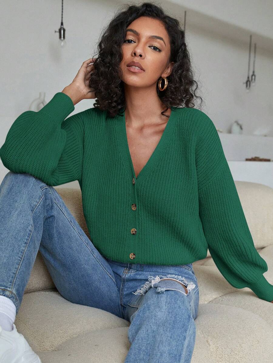 EURMUSE Drop Shoulder Button Front Cardigan - Green - View 1