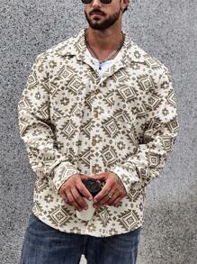 Manfinity Homme 男士大码滿版幾何圖案前排扣襯衫式夾克 - 彩色 - 查看 5
