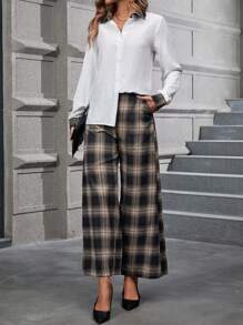 EMERY ROSE Plaid Print Button Front Shirt & Wide Leg Pants - Multicolor - View 3