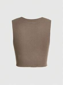 ROMWE Grunge Punk 前紐扣條紋針織背心上衣 - 卡其色 - 查看 2