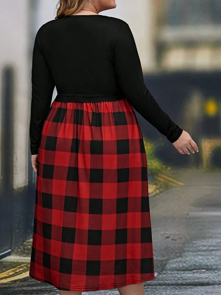 Plus Buffalo Plaid Print Belted Dress