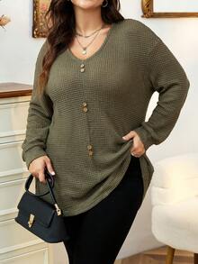 Calvaya Plus Button Front Drop Shoulder Tee - Army Green - View 6