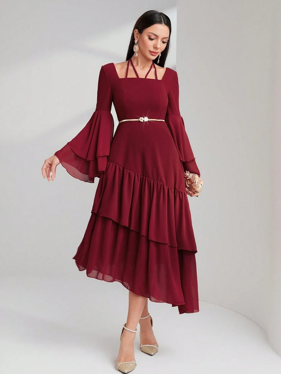 Modelyn Burgundy Red Tie Back Long Flare Sleeve Ruffle Hem Modest Dress Long Evening Dresses - Burgundy - View 1