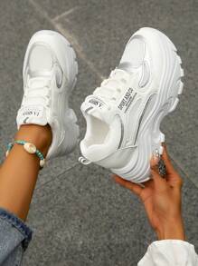 Của phụ nữ Hợp thời Chóp giầy tròn Lace-up Trắng Trường học Phong cách Giày nêm thể thao Với Dày Đế Và Kích thước lớn - trắng - Xem 2
