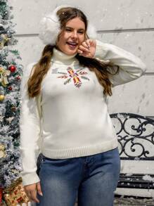 SHEIN EZwear Hơn Mẫu Geo Áo cao cổ Áo len - Màu be - Xem 1