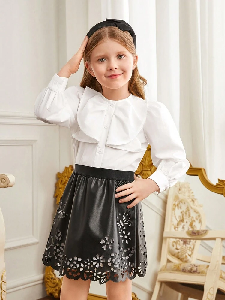 Young Girl Bow Front Blouse & Laser Cut Skirt