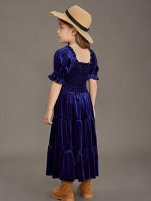 Tween Girl Square Neck Puff Sleeve Ruffle Hem Velvet Dress - Royal Blue - View 4