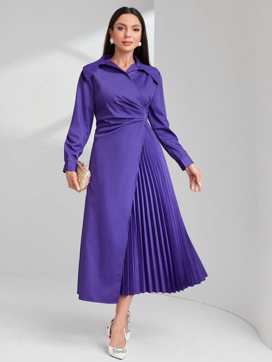 Modelyn 素色百褶下擺洋裝 - 紫色 - 查看 1