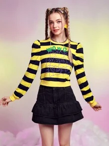 SHEINNeu Letter & Cartoon Graphic Striped Sweatshirt