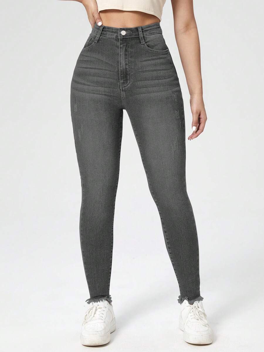 Vaqueros De Mezclilla Con Dobladillo Deshilachado De Color Liso - Gris Oscuro - Ver 1