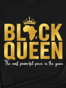 Rovax 标语图案短袖 T 恤 BLACK QUEEN 游戏中最强大的人物图案 T 恤 女式上衣 - 黑色 - 查看 4
