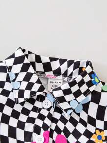 SHEIN 女小童棋盤格和印花前排扣夾克 - 黑色 - 查看 3