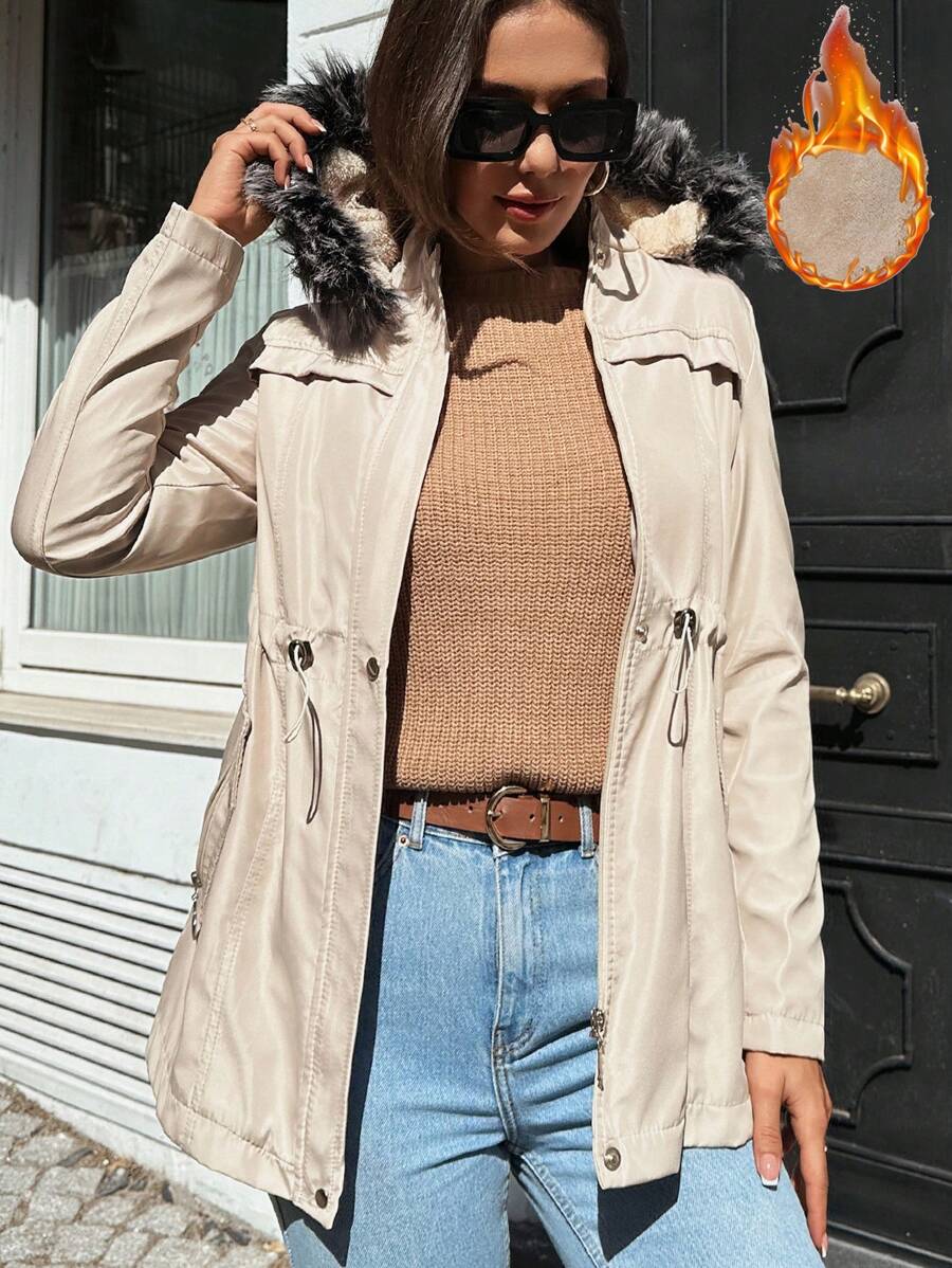 RueChic Drawstring Waist Fuzzy Trim Hooded Parka Coat - Khaki - View 1